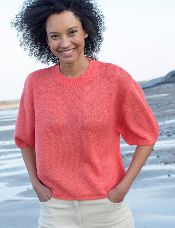 Pull loose manches coudes, laine et mohair m&eacute;lang&eacute;s (corail)