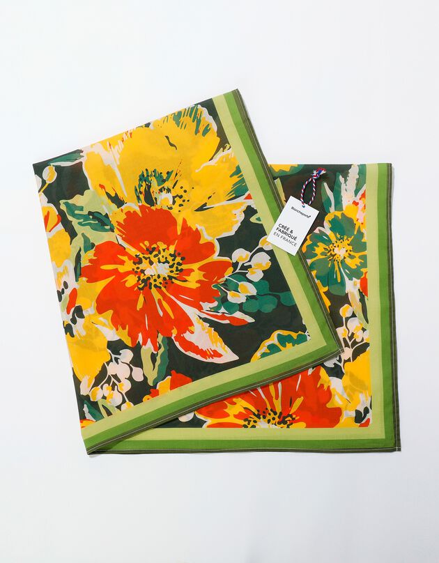 Foulard met bloemenprint, 100 x 100 cm - katoen (groen / oranje)