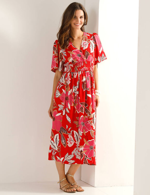 Robe longue d&eacute;collet&eacute; cache-coeur, cr&ecirc;pe imprim&eacute; (rood)