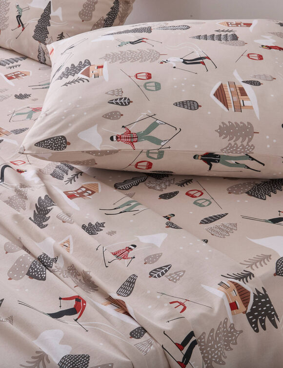 Linge de lit en coton impim&eacute; motif skieurs (beige)
