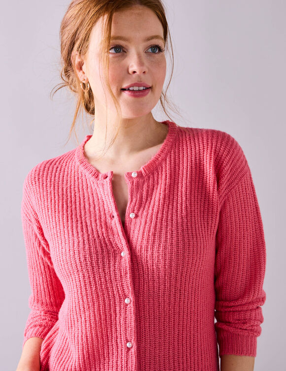 Cardigan boutons perles fantaisie, maille anglaise toucher doux (rose blush)