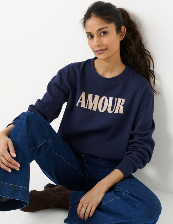 Sweat &agrave; message brillant Amour, en molleton gratt&eacute; (marine)