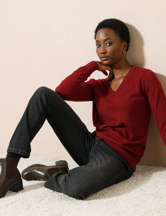 Pull col V, laine d'agneau (bordeaux)