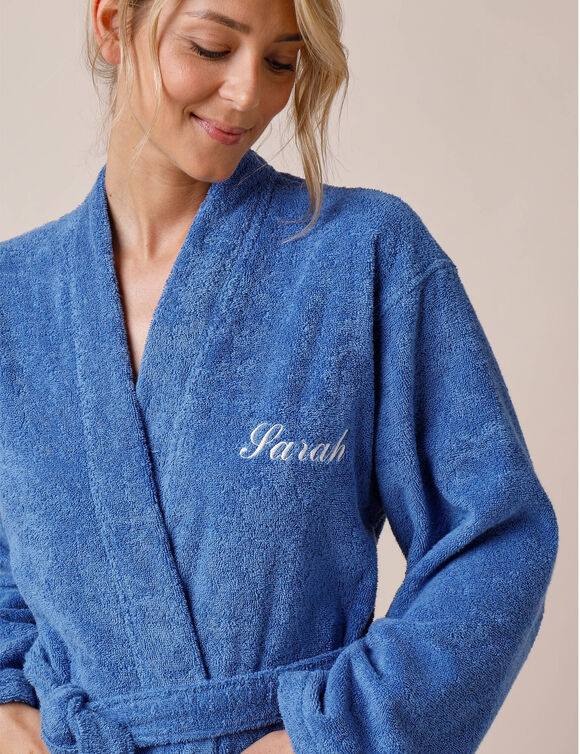 Effen badjas in lusjesbadstof met kimonokraag, volwassenen, gepersonaliseerd (felblauw)