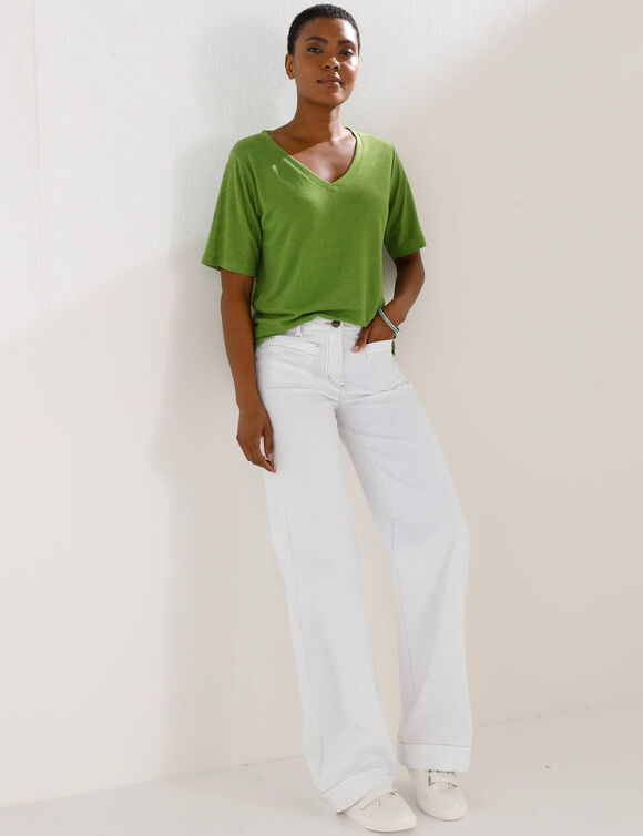 T-shirt col V en lin m&eacute;lang&eacute;, manches courtes (vert)