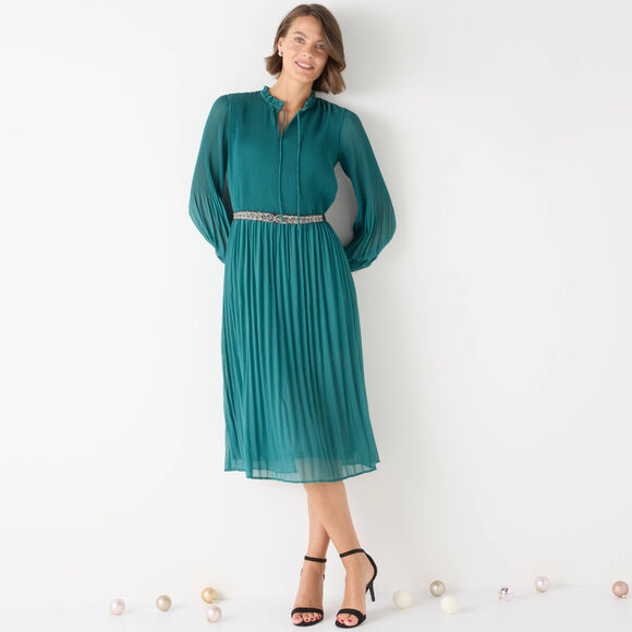 Halflange effen jurk, pliss&eacute;voile (smaragd)