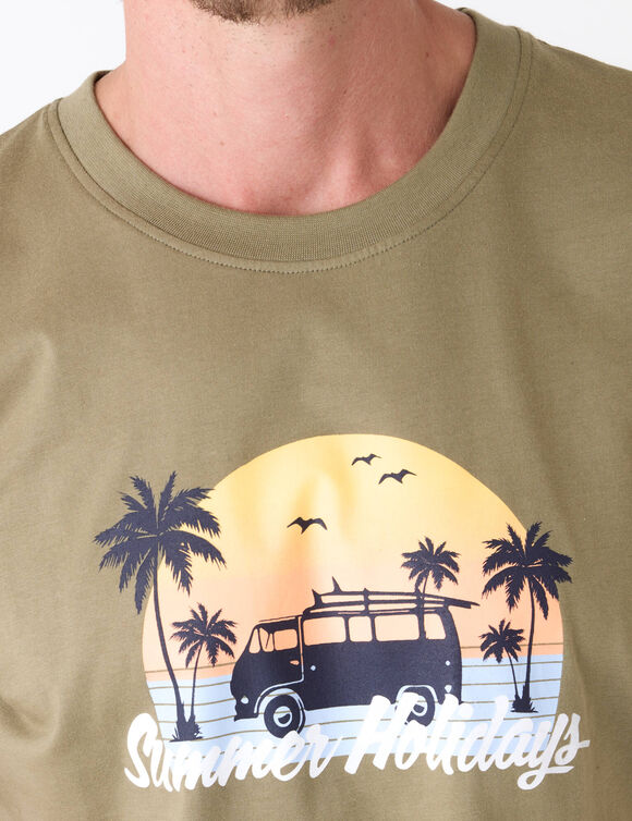 T-shirt col rond motif palmier manches courtes  (kaki)