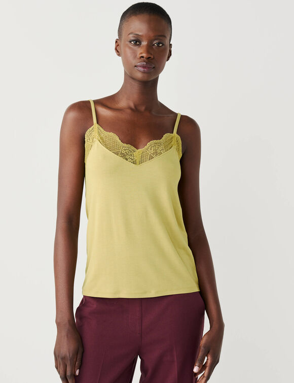 Tanktop met V-hals in kant, verstelbare bandjes (olijfgroen)