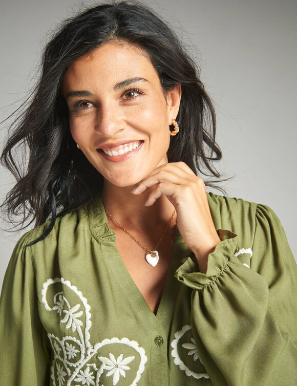 Chemisier brodé, viscose (vert mousse / écru)