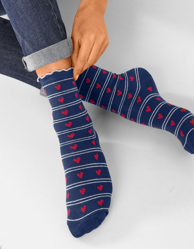 Set van 4 paar sokken in overwegend katoen met hartjesmotieven, marine + wit + grijs, hi-res