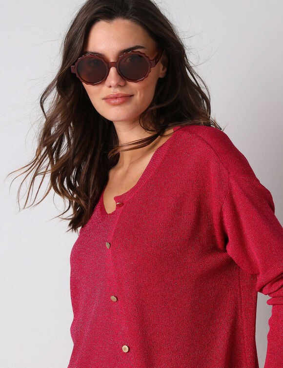 Gilet fine maille et fil brillant, manches longues (framboise)