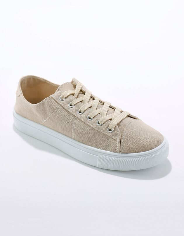 Sneakers in canvas met veters en doorloopzool in platformstijl (beige)