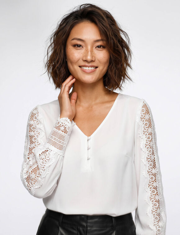 Macram&eacute;-blouse met V-hals en lange mouwen, vloeiende cr&ecirc;pe (wit)