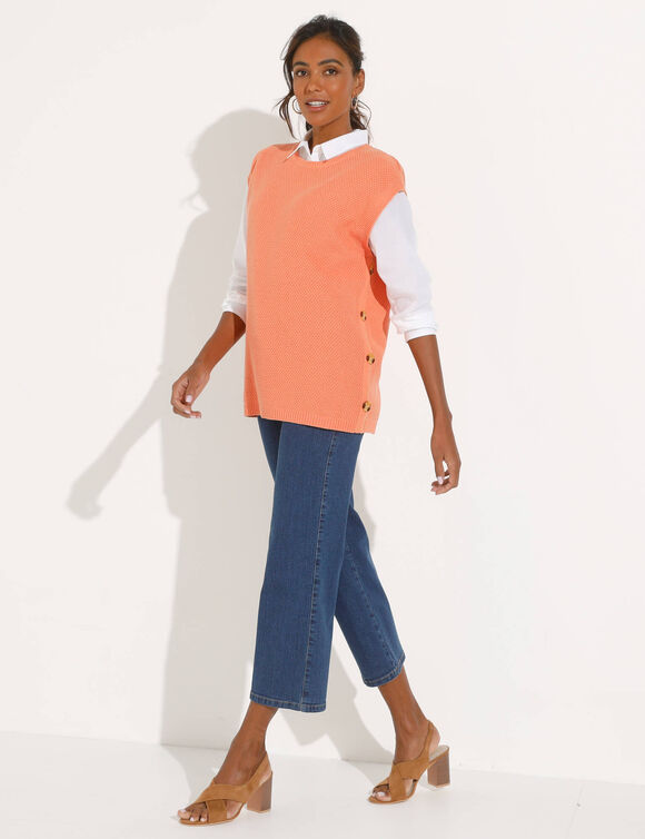 Pull-tunique sans manches à boutons effet corne, maille fantaisie (abricot)