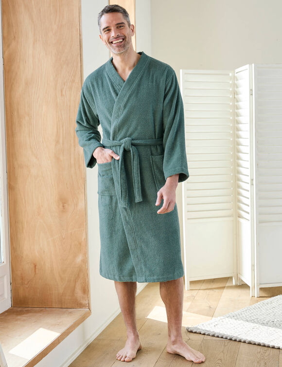 Peignoir mixte adulte col kimono éponge bouclette  (eucalyptus)