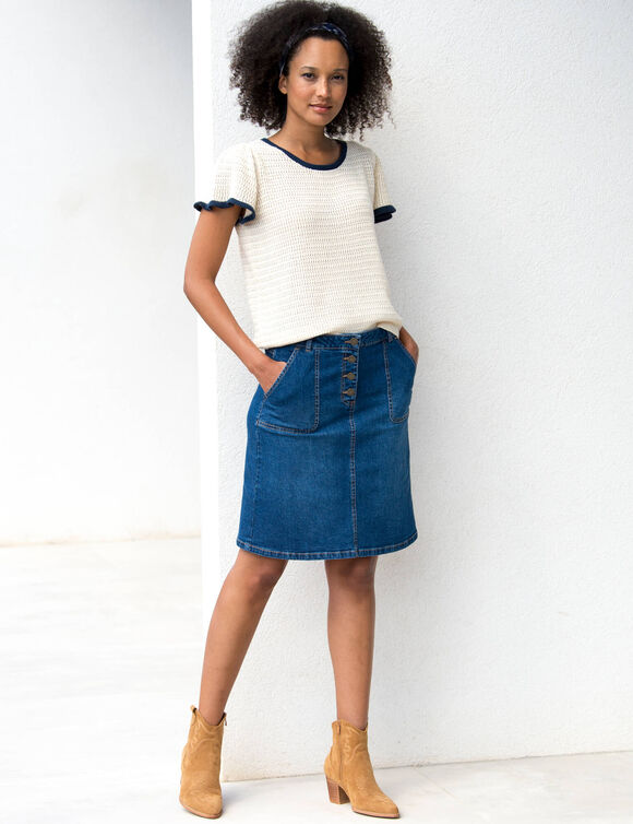 Pull manches courtes, maille fantaisie (écru / marine)