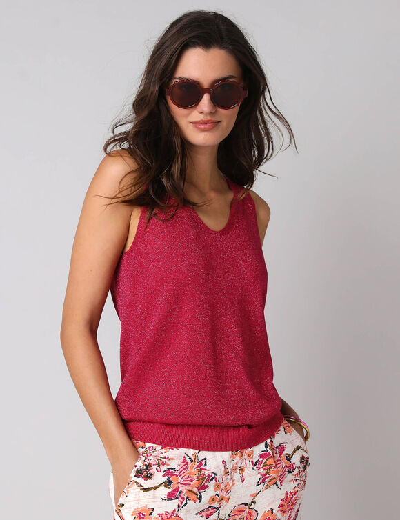 D&eacute;bardeur col V fine maille et fil brillant (framboos)