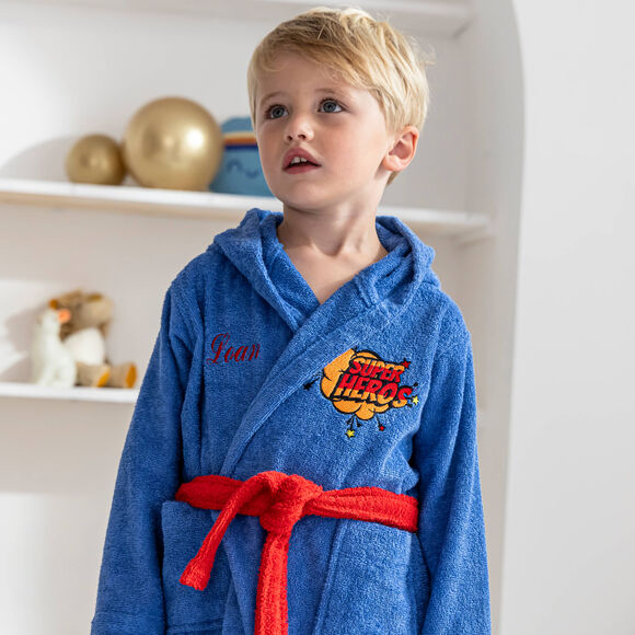 Personaliseerbare badjas voor kinderen met capuchon in stijl van een super held (felblauw)