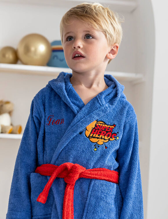 Personaliseerbare badjas voor kinderen met capuchon in stijl van een super held (felblauw)