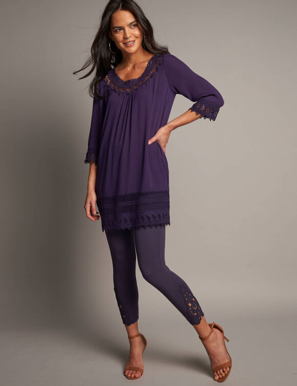 Tunique macram&eacute; manches 3/4, cr&eacute;pon (figue)