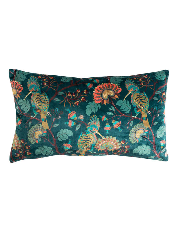 Coussin rectangulaire velours motif oiseaux et fleurs  (vert canard / miel)