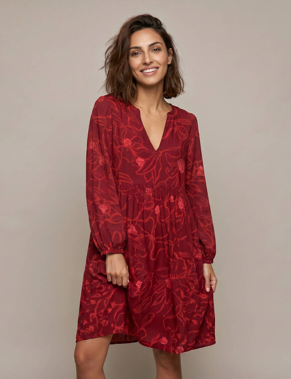 Korte jurk met ronde hals, 7/8-mouwen, bloemenprint (bordeaux / rood)