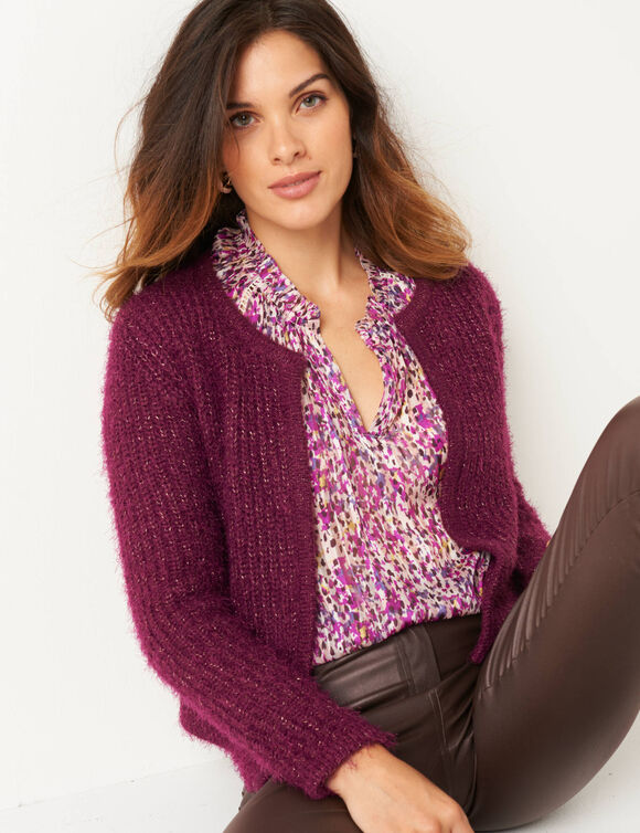 Gilet paletot, maille perlée fantaisie (prune)