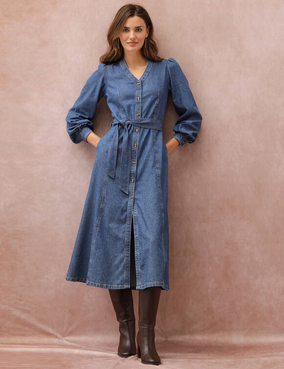 Robe longue boutonn&eacute;e ceintur&eacute;e, jean (stone)