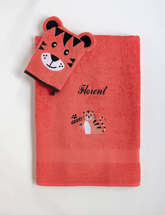 Collectie geborduurd kinderbadlinnen in katoen met tijgermotief, personaliseerbaar - 380 g/m2 (koraal)