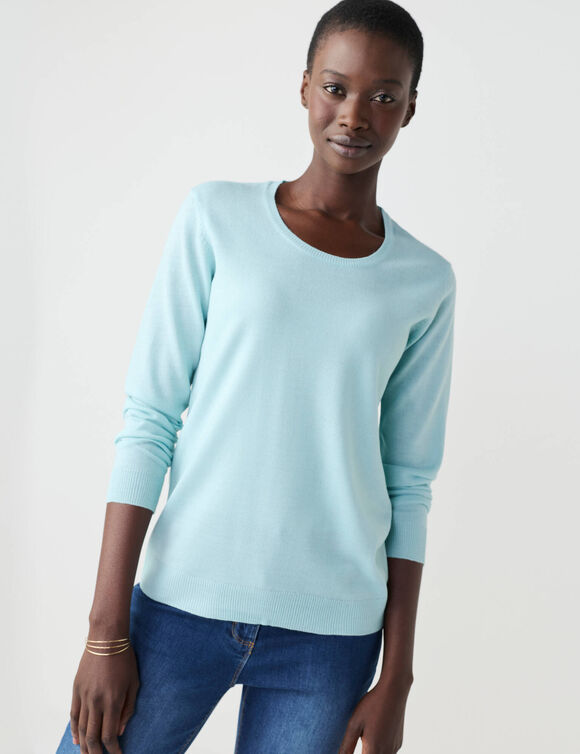 Pull col rond uni, manches longues, toucher doux (vert d'eau)
