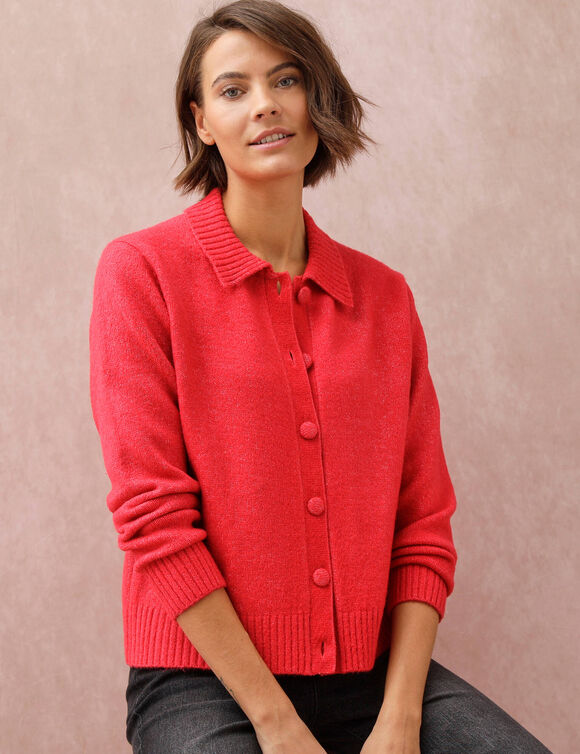 Gilet col polo uni, maille moelleuse (rouge)