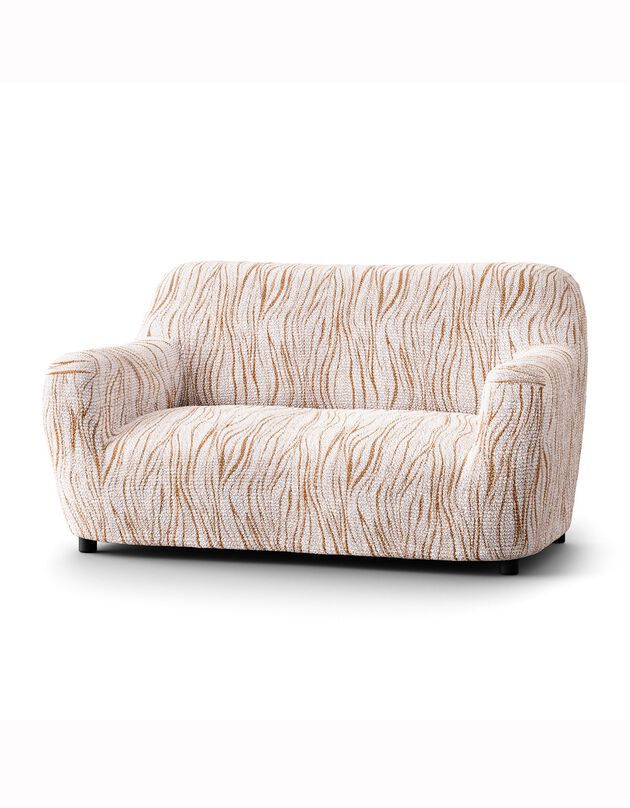 Housse bi-extensible microfibre imprimé vagues pour fauteuil et canapé (beige)