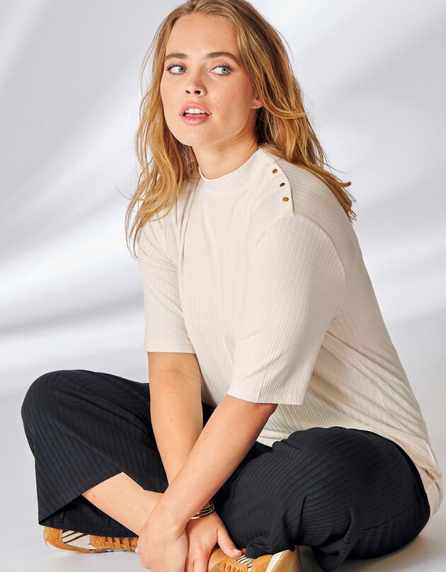 T-shirt met platte ribbels, opstaand kraagje en korte mouwen - beige (beige)