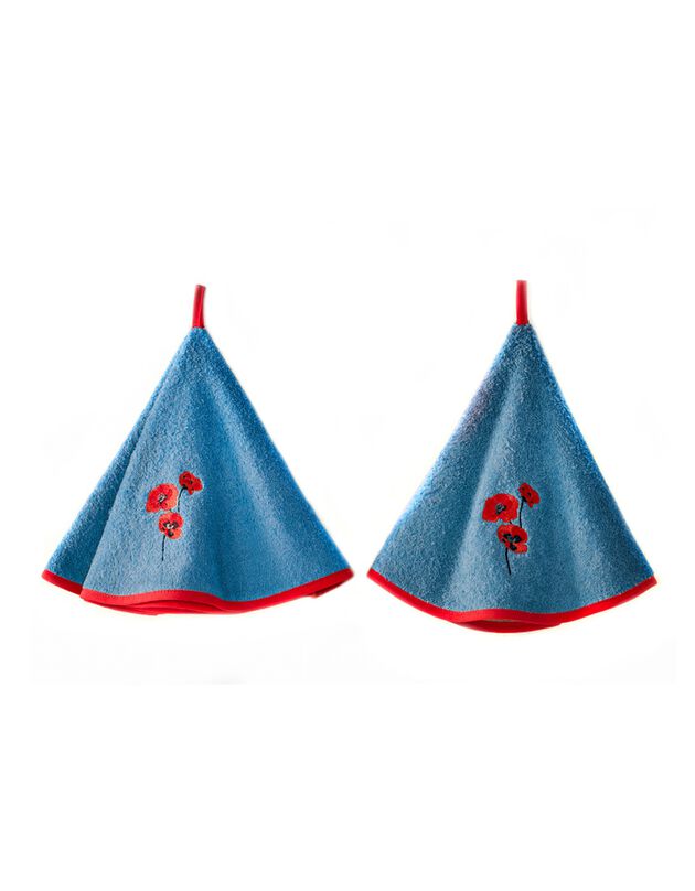 Torchons rond éponge brodée coquelicots - lot de 2 (bleu)
