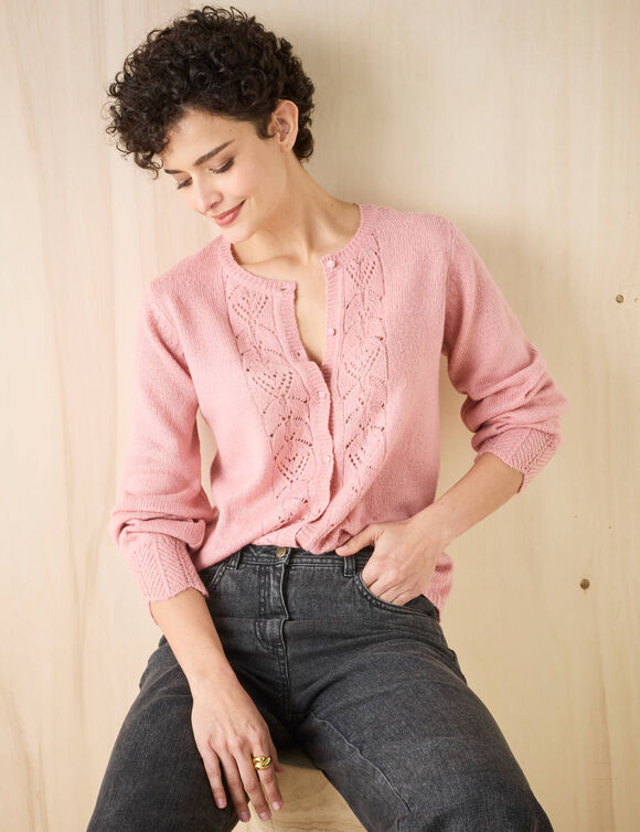 Gilet boutonné, maille ajourée (rose grisé)