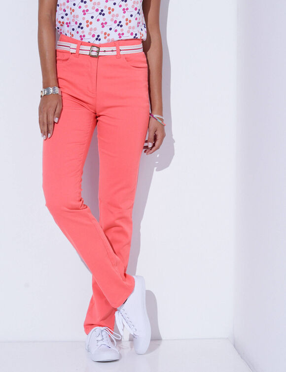 Pantalon effet ventre plat, coton stretch (corail)