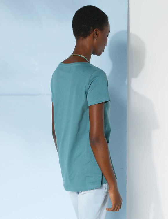 T-shirt col V uni manches courtes, coton (vert grisé)