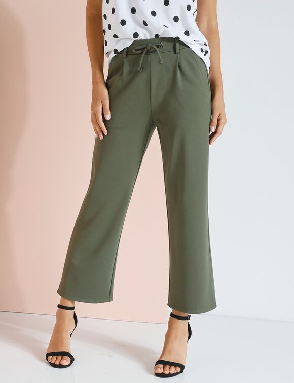 Pantalon droit raccourci, maille milano (kaki)
