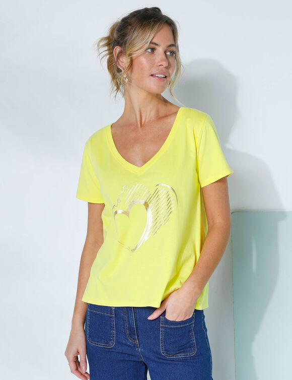 T-shirt col V imprimé doré (citron)
