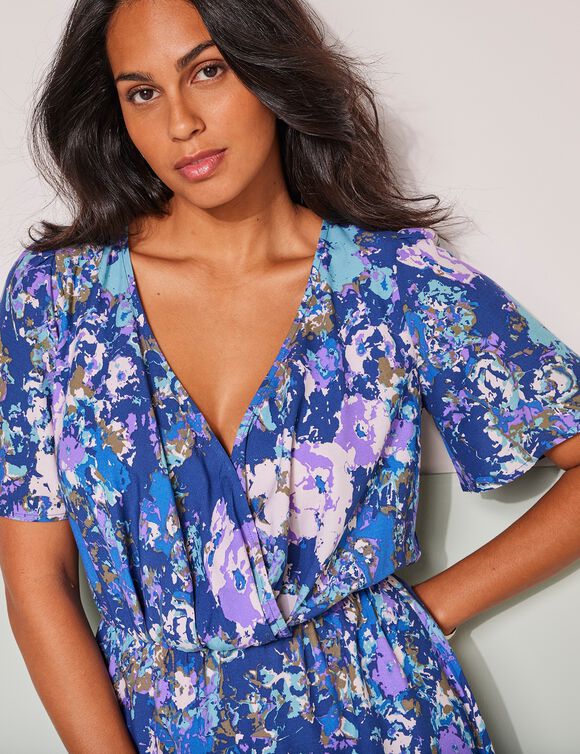 Robe courte cache-coeur imprimée, spéciale poitrines généreuses (bleu / violet)