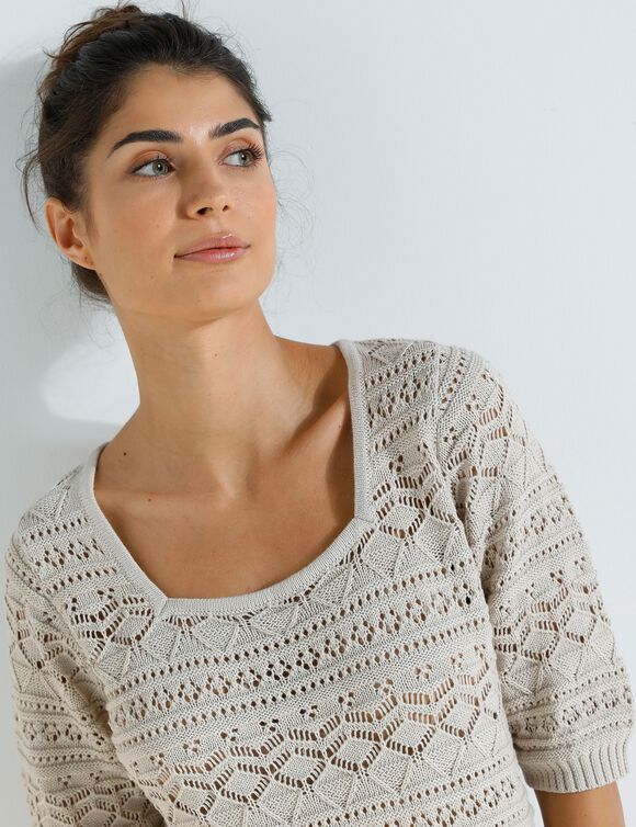 Pull maille ajourée fantaisie, manches coude (beige)