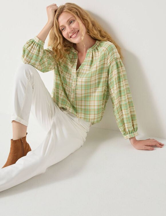 Bloes in flanel met ruitenprint, 7/8-mouwen (groen / ecru)