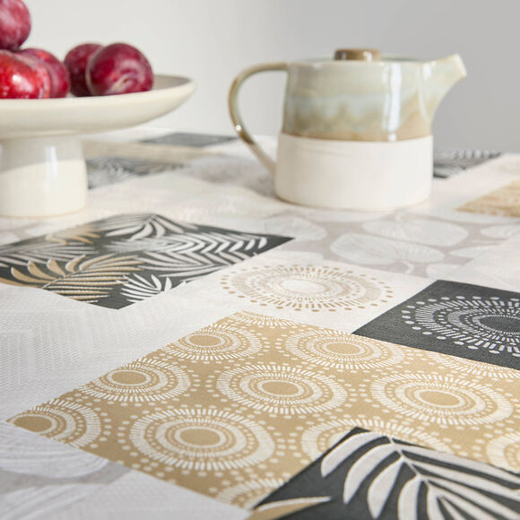 Nappe toile cir&eacute;e imprim&eacute; patchs feuilles (beige)