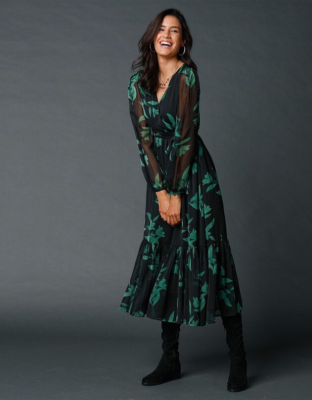Robe longue volant, voile imprimé (noir / vert)