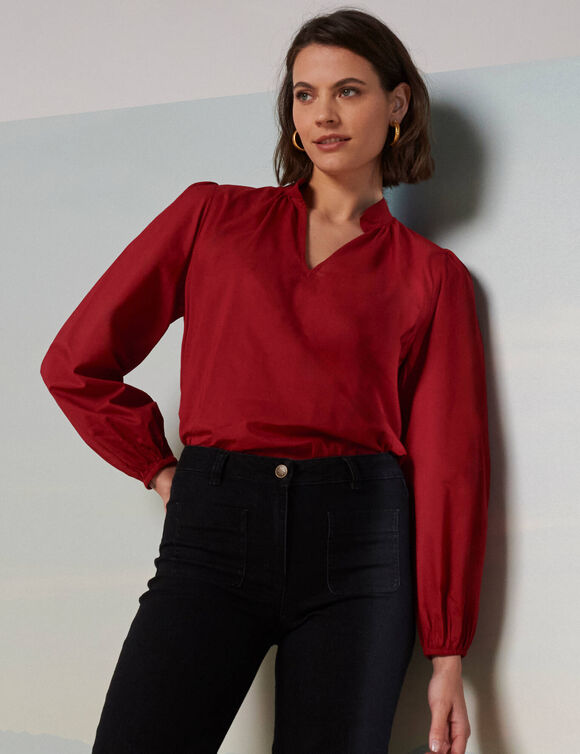 Blouse unie col montant, manches blousantes (bordeaux)