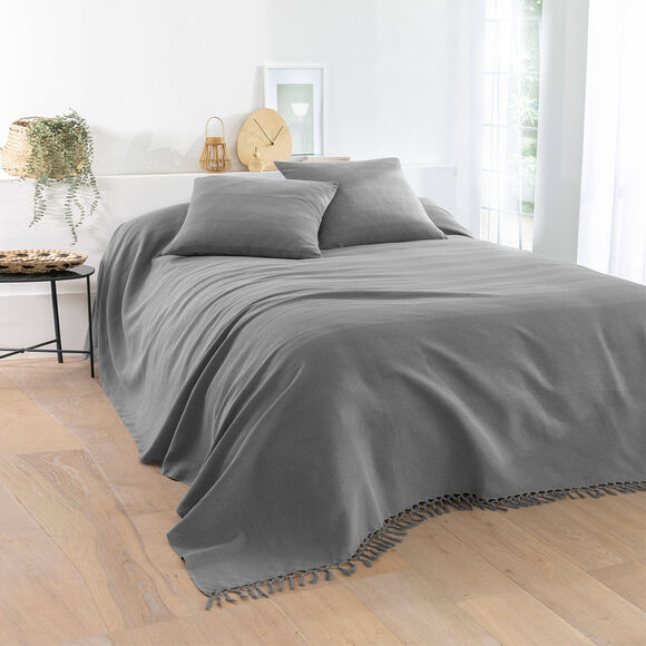 Plaid of sprei, effen katoen met artisanaal weefsel (parelgrijs)