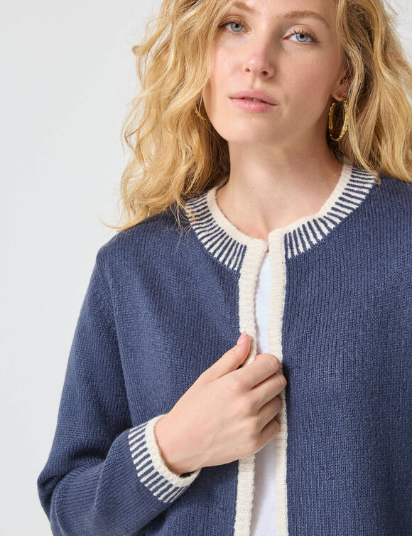 Cardigan bicolore, col rond (marine / ecru)