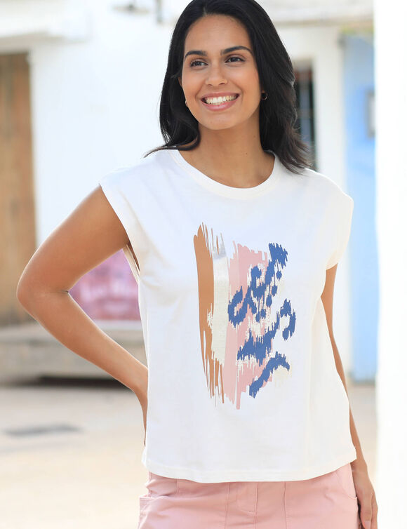 T-shirt imprimé placé (écru / bleu)