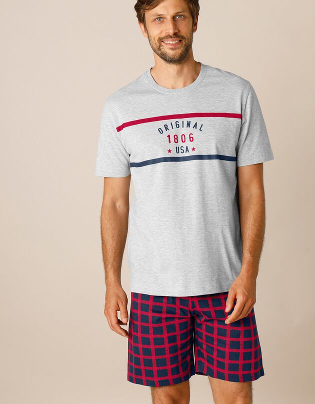 Pyjamashort met ruitjesprint, marine / rood, hi-res