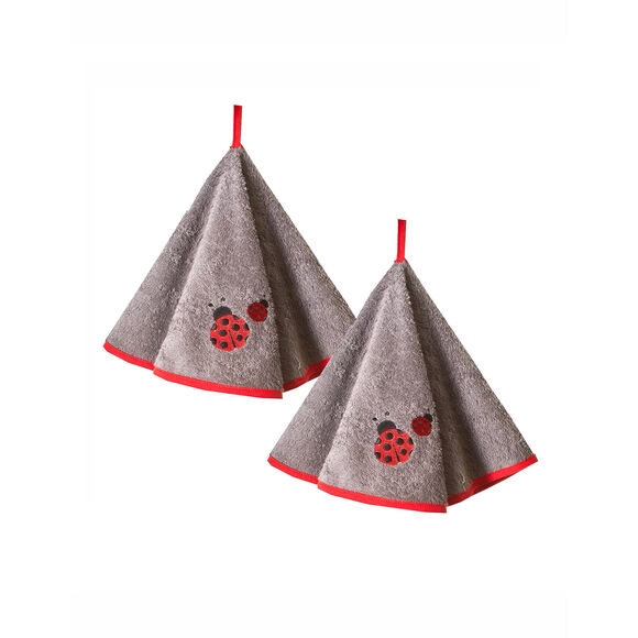 Torchons ronds &eacute;ponge brod&eacute;e coccinelle - lot de 2 (gris)